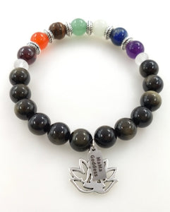 7 Chakra Real Stone Bracelet with Obsidian and Clear Quartz