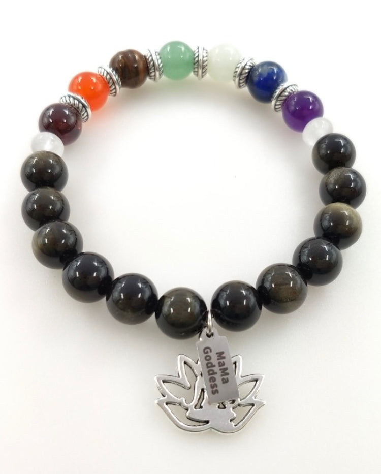 Bracelet en pierre véritable 7 chakras avec obsidienne et quartz clair